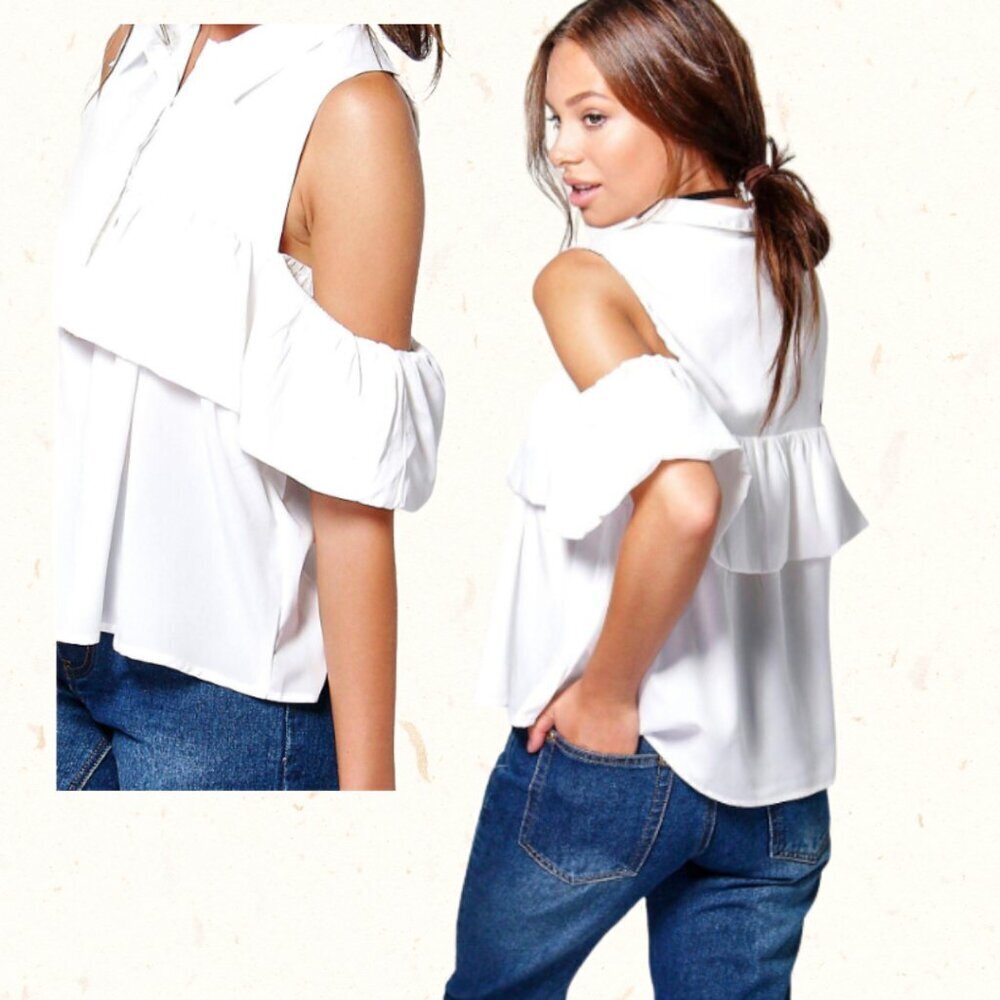 NWT Lara Woven Ruffle Cold Shoulder Top Women Size Large White 100% Nylon